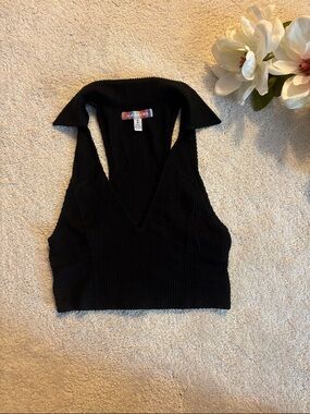Urban Outfitters Black Ribbed Racerback Tank with Deep V and Collar